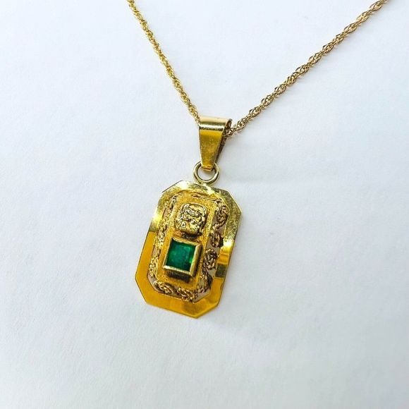 18k Yellow Gold Pre Columbian Tumi Natural Emerald Necklace 18" 3.3g 14k Chain - Picture 8 of 15